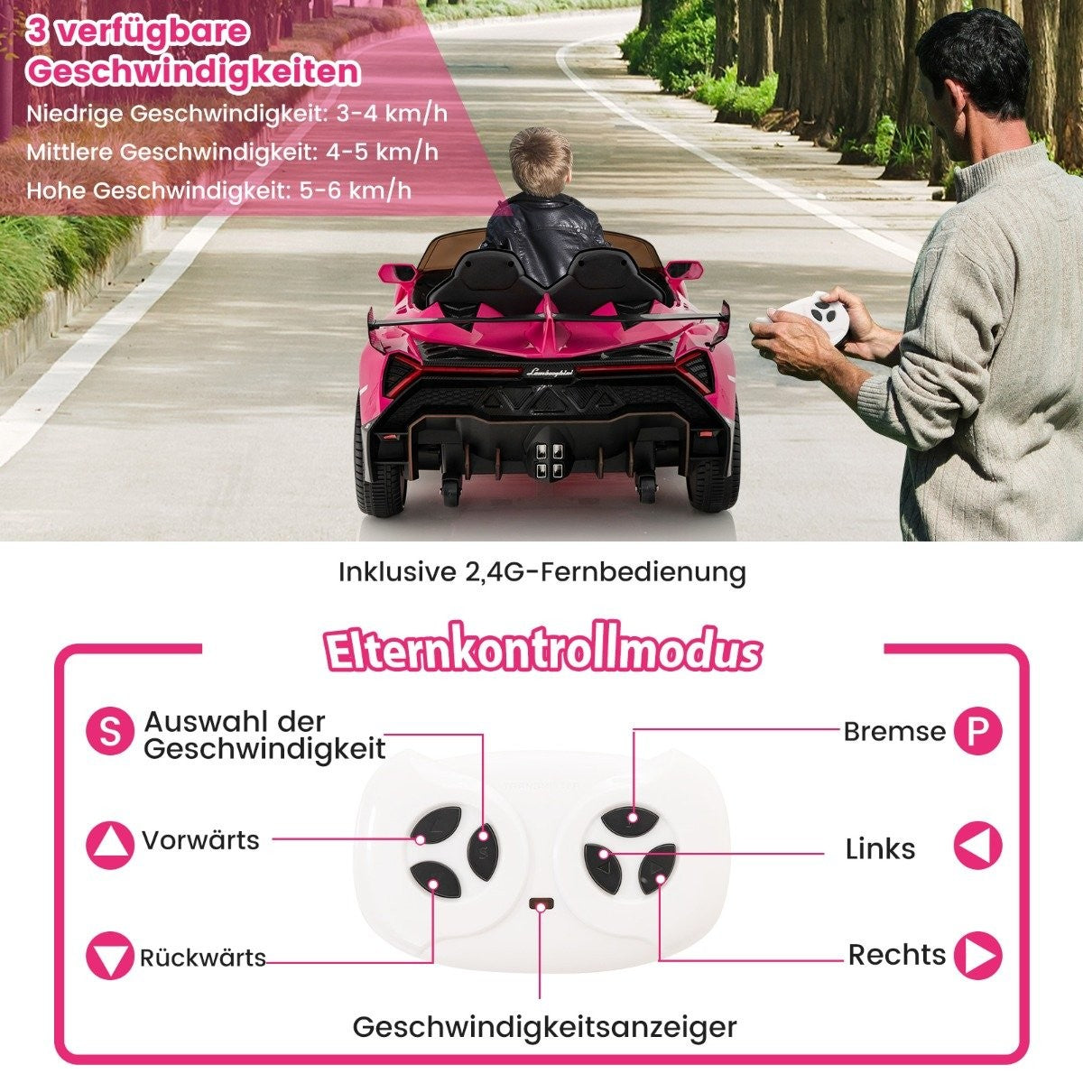 Children's Lamborghini electric car with remote control & LED headlights & horn & music children's car pink