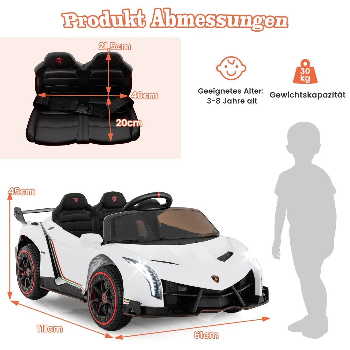 Children's Lamborghini electric car with remote control & LED headlights & horn & music white