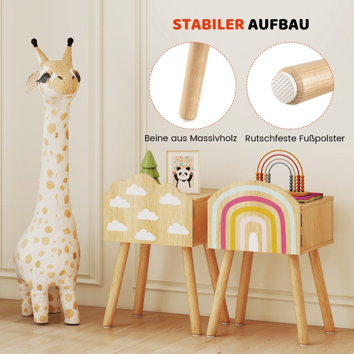 Children's Nightstand Set of 2 with Storage, Wood Legs