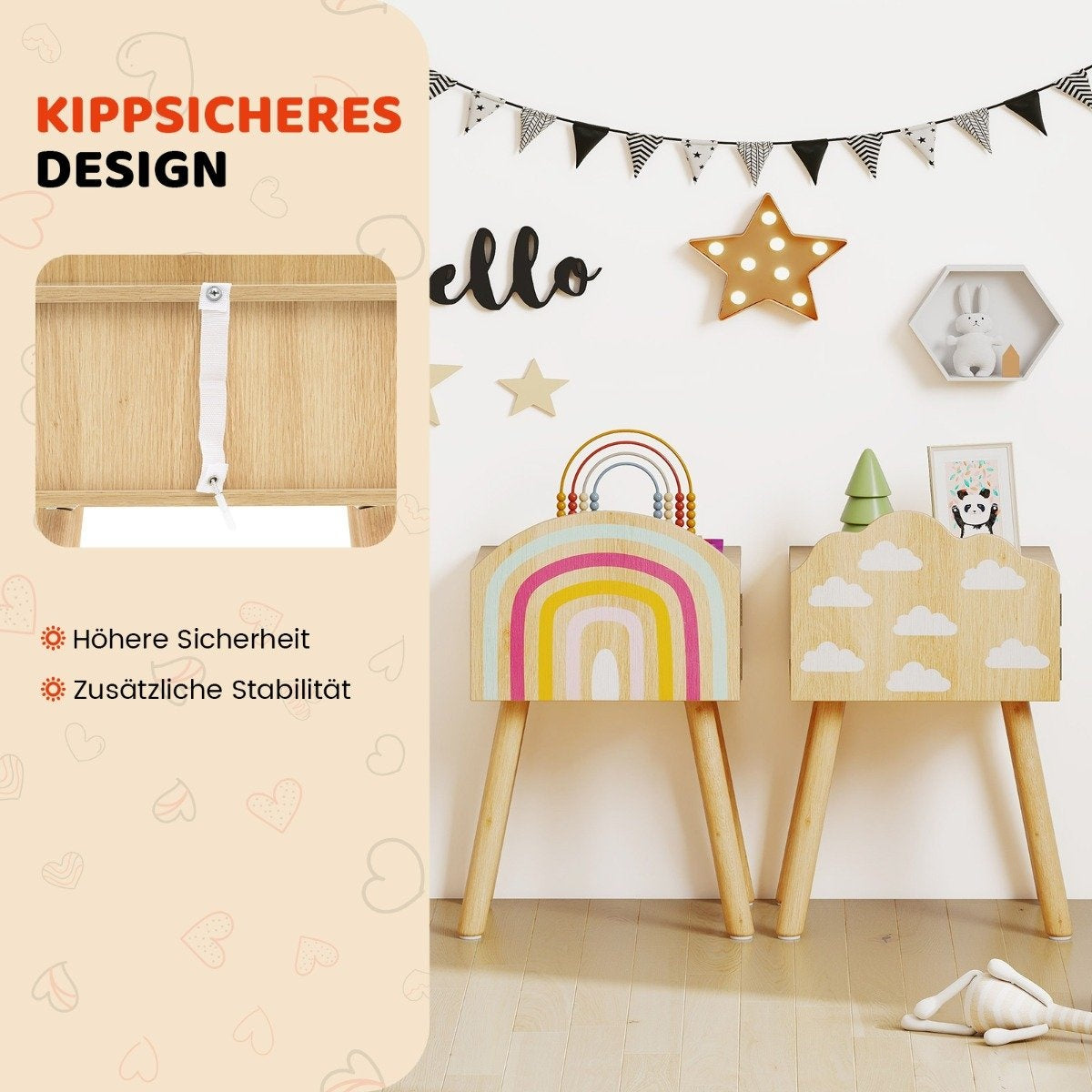 Children's Nightstand Set of 2 with Storage, Wood Legs