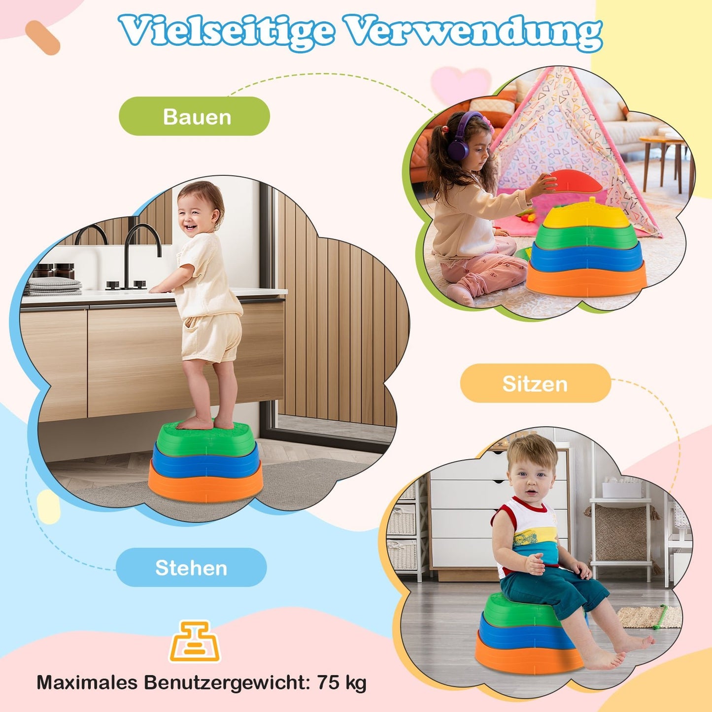 Children's Non-Slip Balance Stones, Multicolor, Up to 80kg