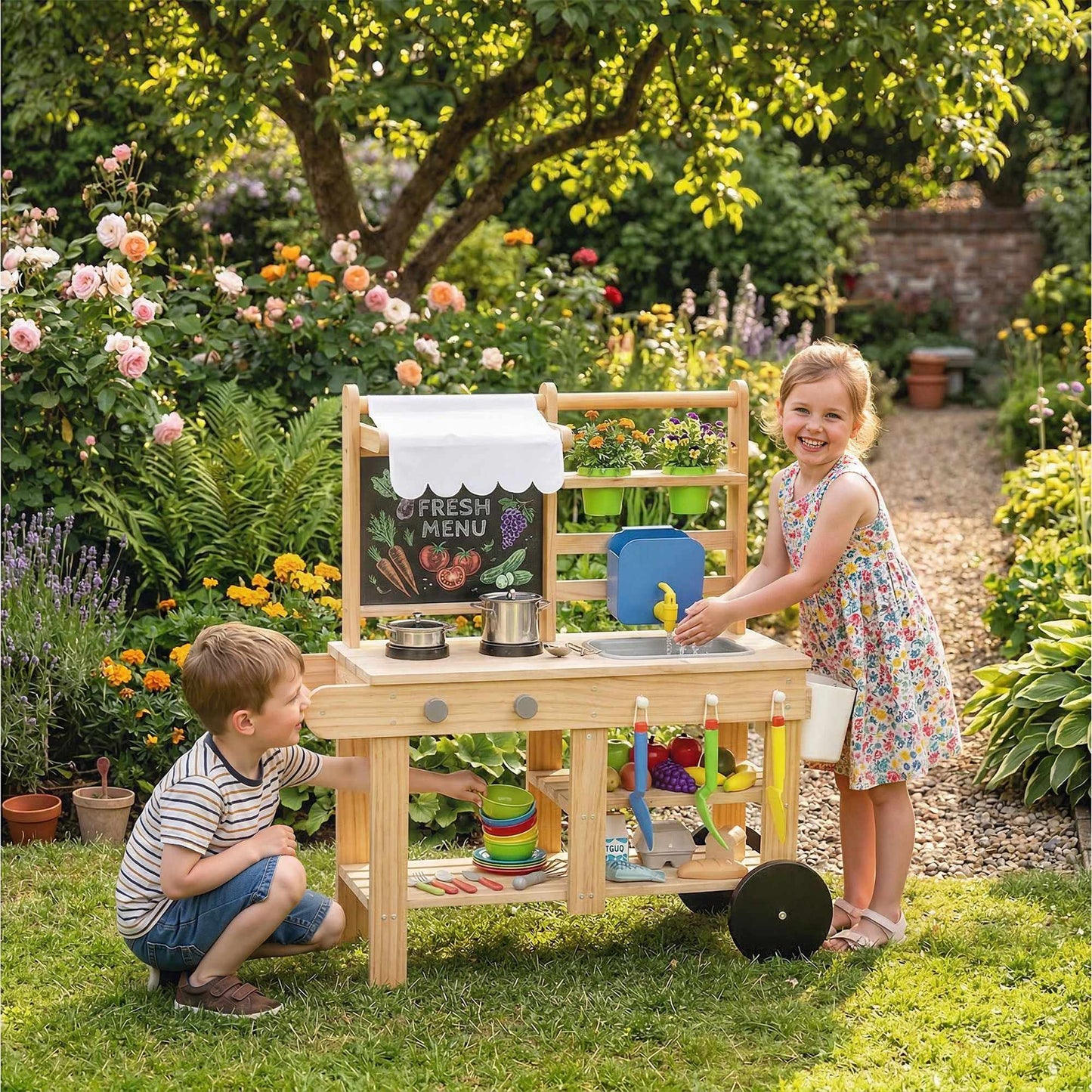 Children's Outdoor Wooden Play Kitchen with Water Faucet