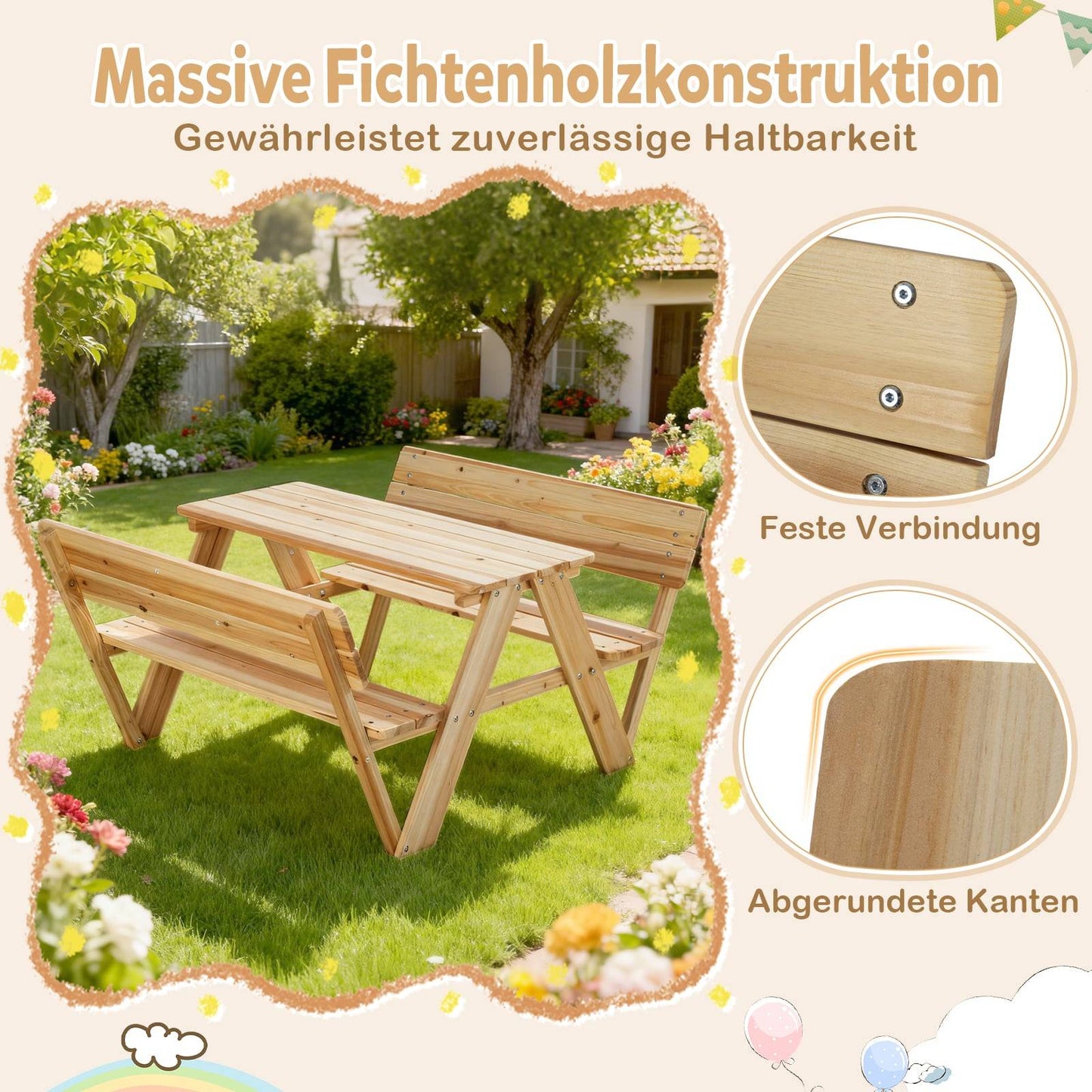 Children's Picnic Table Set with Benches, Solid Wood