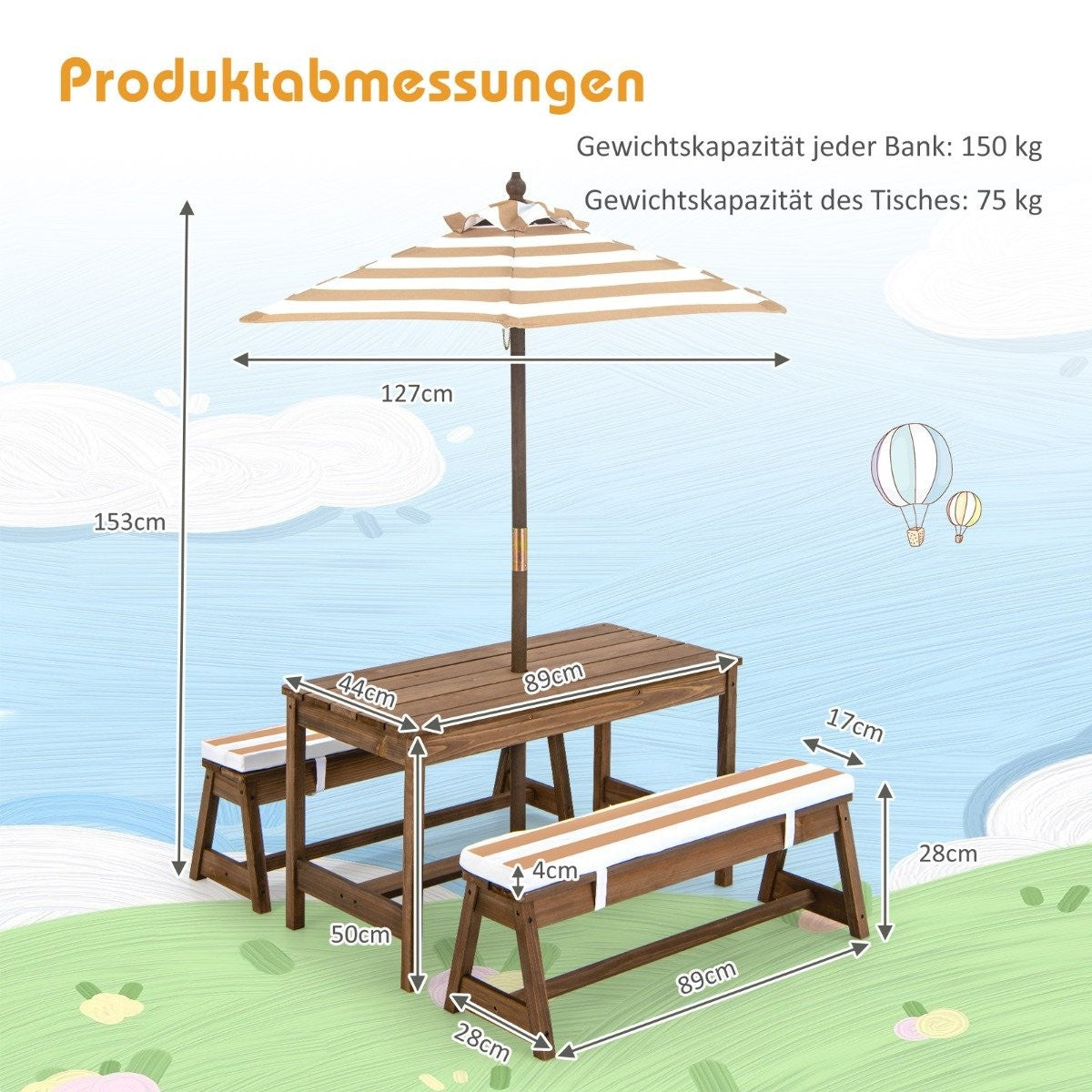 Children's Picnic Table Set with Umbrella & Benches