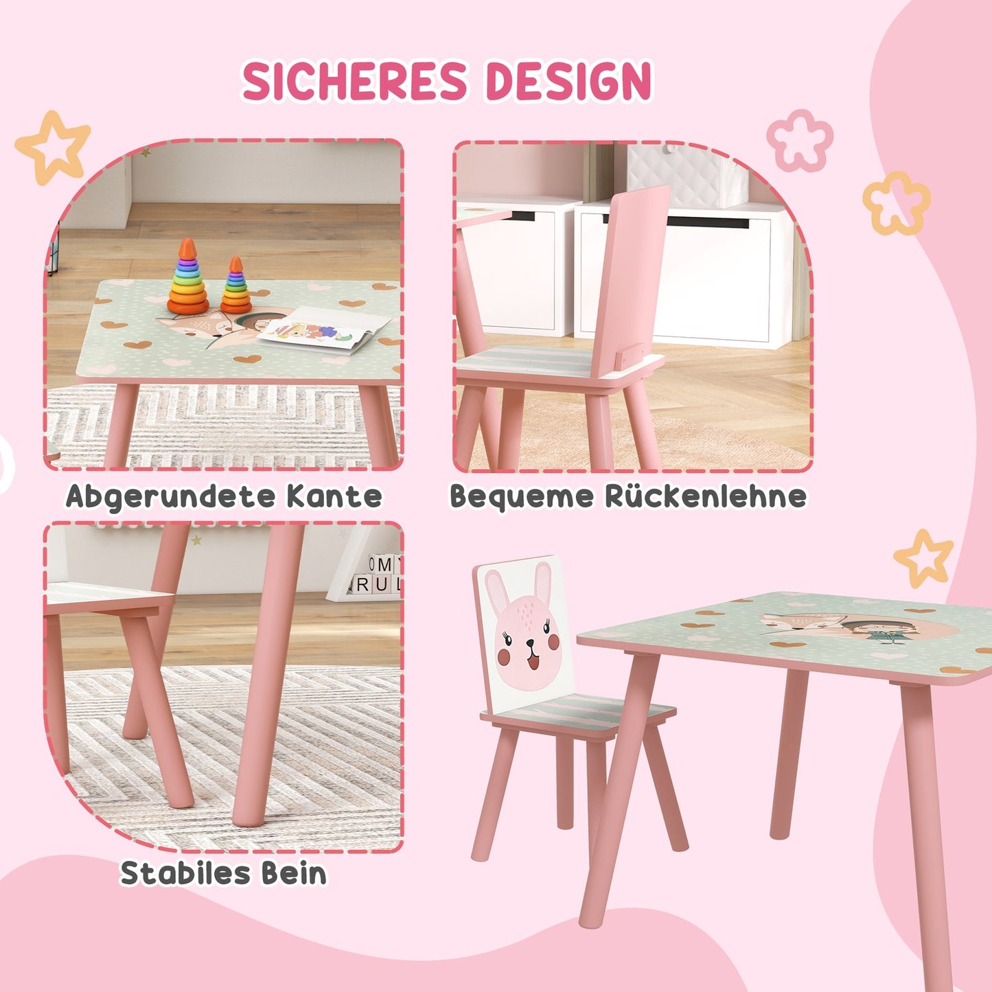 Children's Pine Table Set with 2 Chairs, Animal Design, Ages 3-8