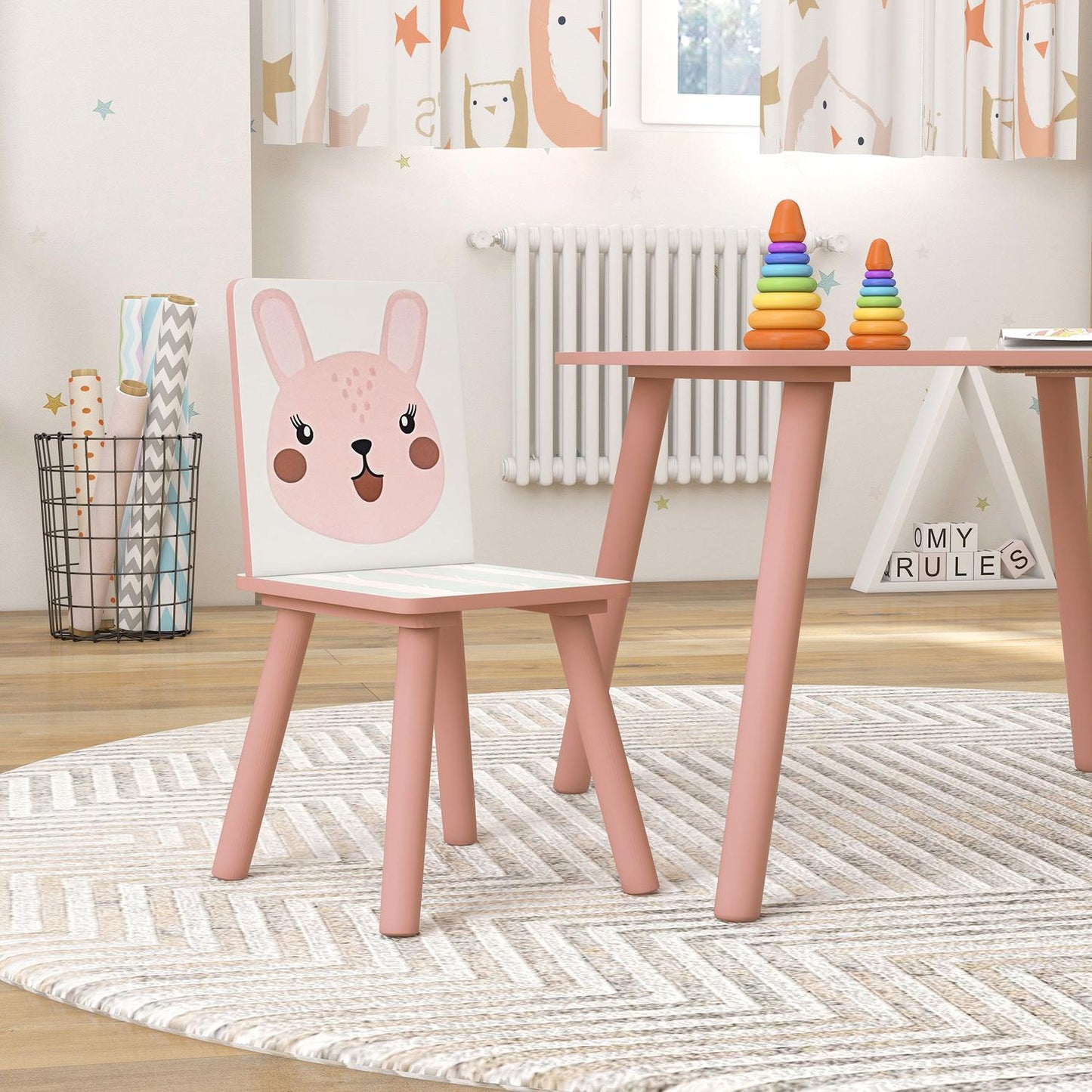 Children's Pine Table Set with 2 Chairs, Animal Design, Ages 3-8