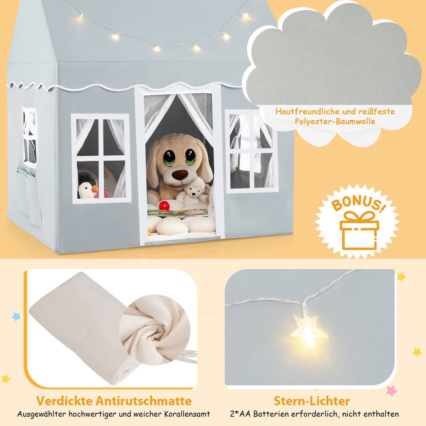 Children's Play Tent with Star Lights & Mesh Curtains