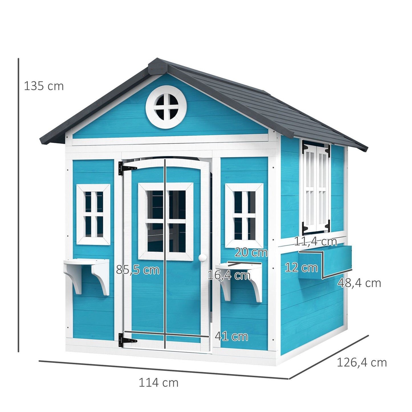 Wooden outdoor playhouse with window and flower shelf for children