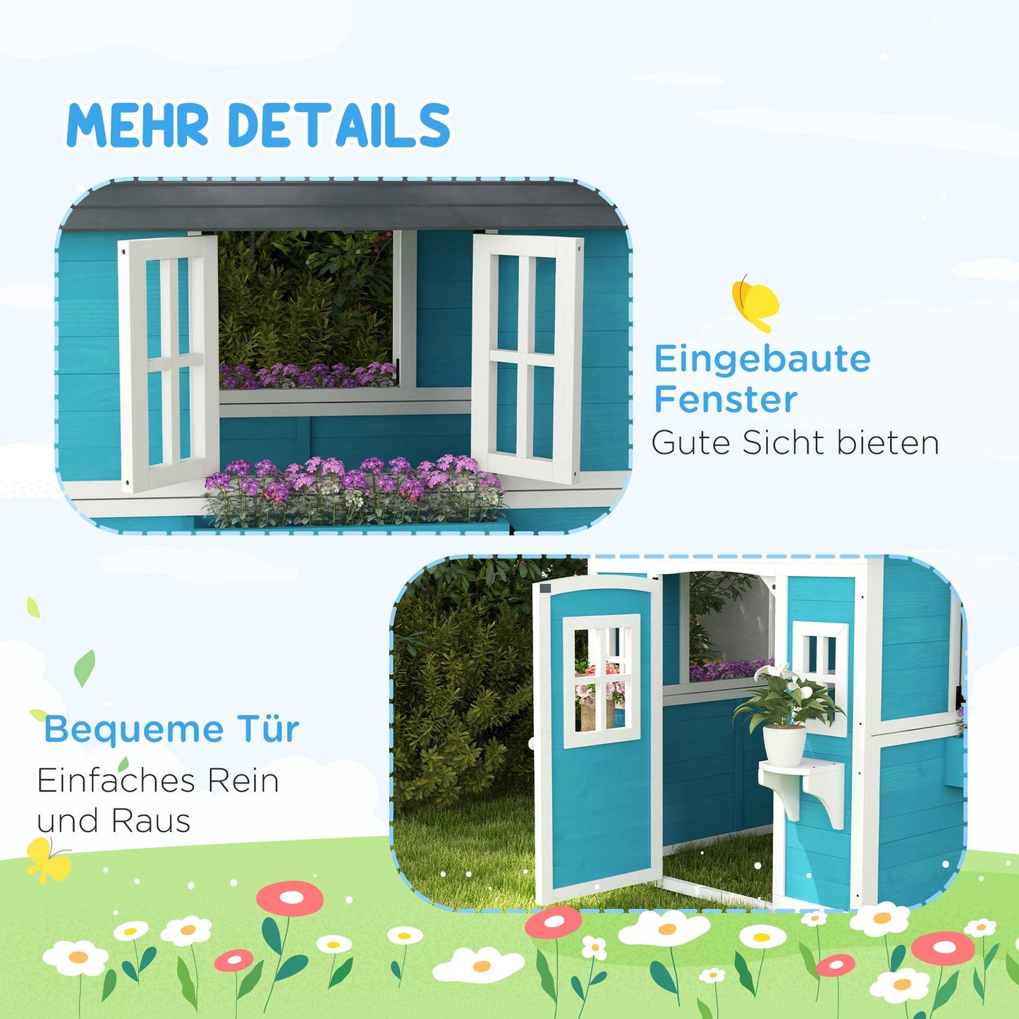 Wooden outdoor playhouse with window and flower shelf for children