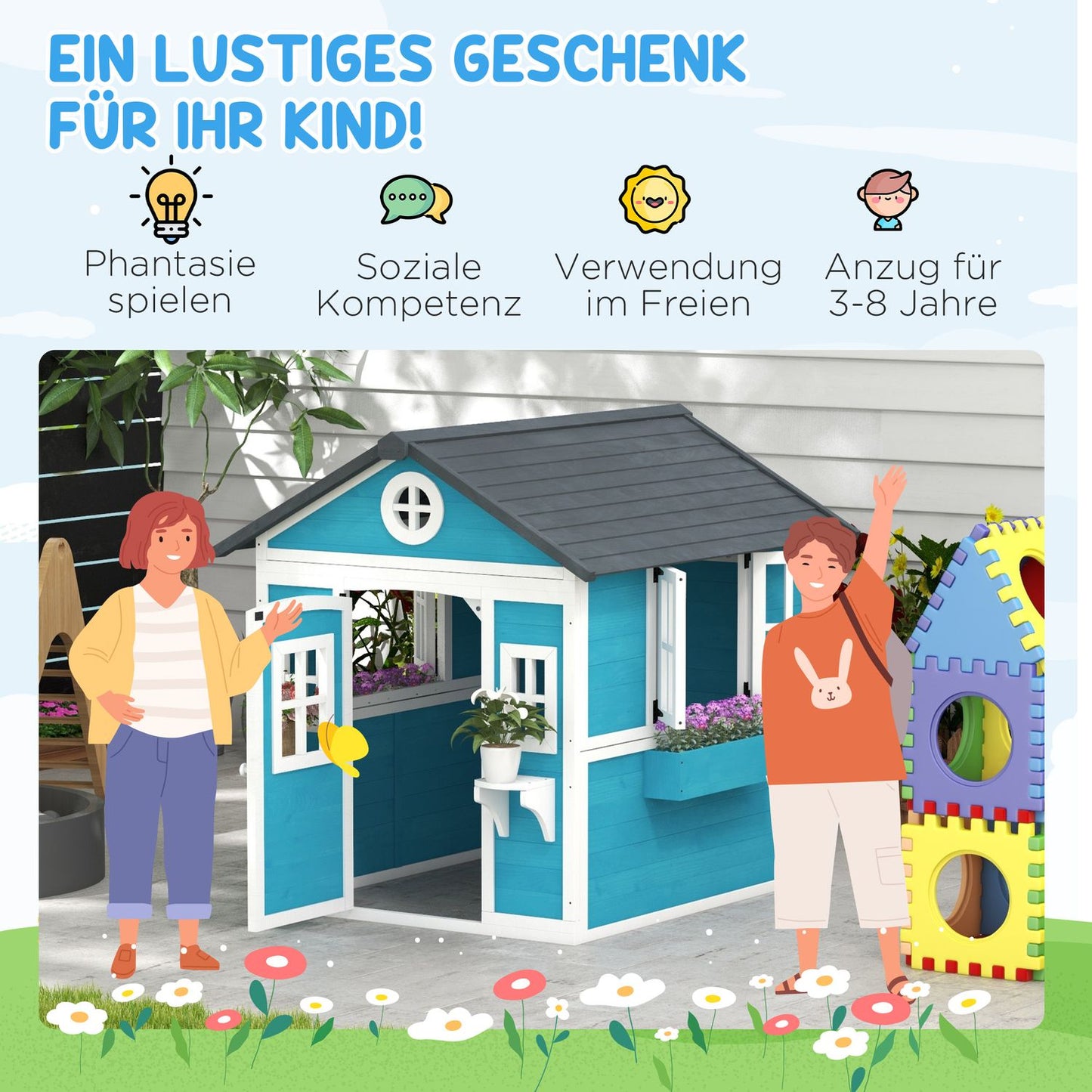 Wooden outdoor playhouse with window and flower shelf for children