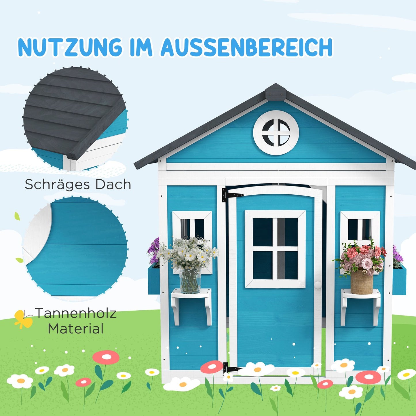 Wooden outdoor playhouse with window and flower shelf for children