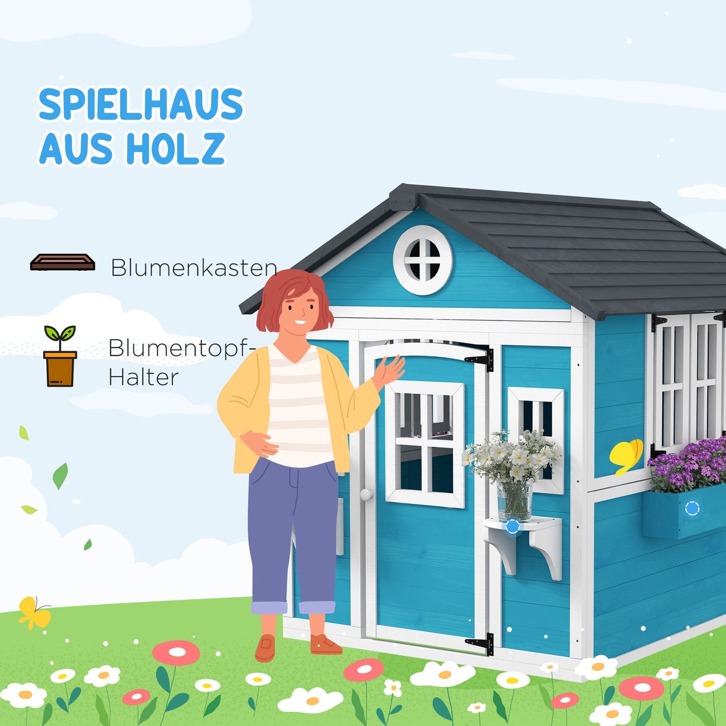 Wooden outdoor playhouse with window and flower shelf for children