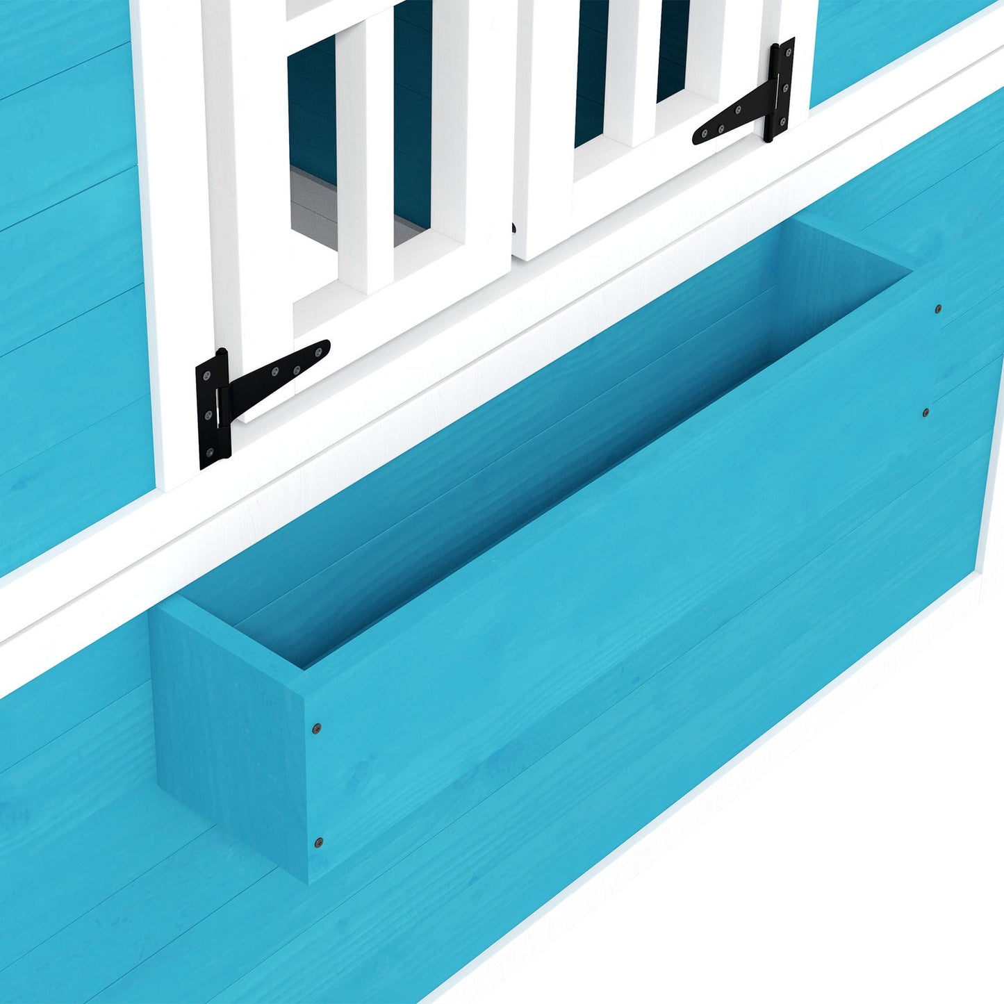 Wooden outdoor playhouse with window and flower shelf for children