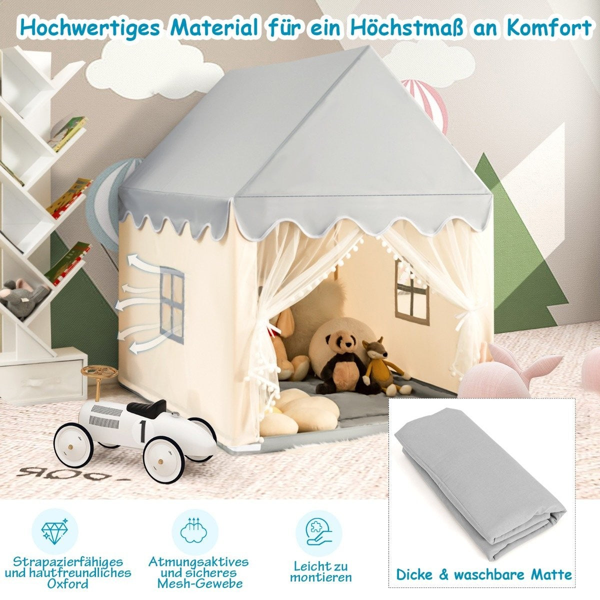 Children's Playhouse with Cotton Mattress, 120x105x140 cm, Gray/Beige