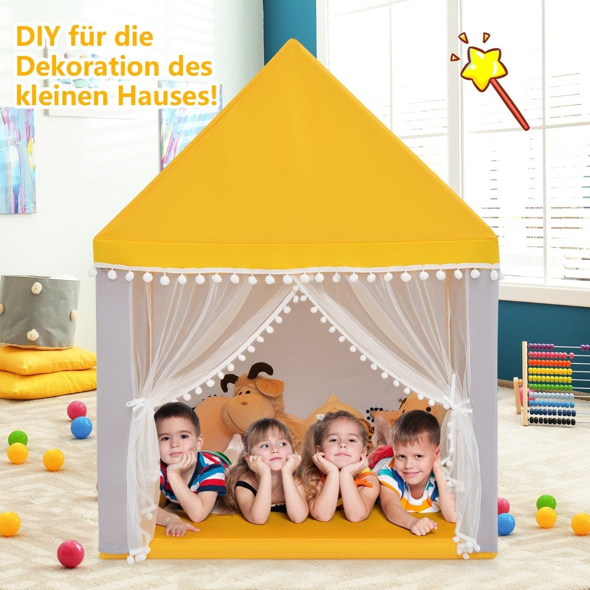 Children's Playhouse with Solid Wood Frame & Cotton Blanket Children's Tent Yellow + Gray