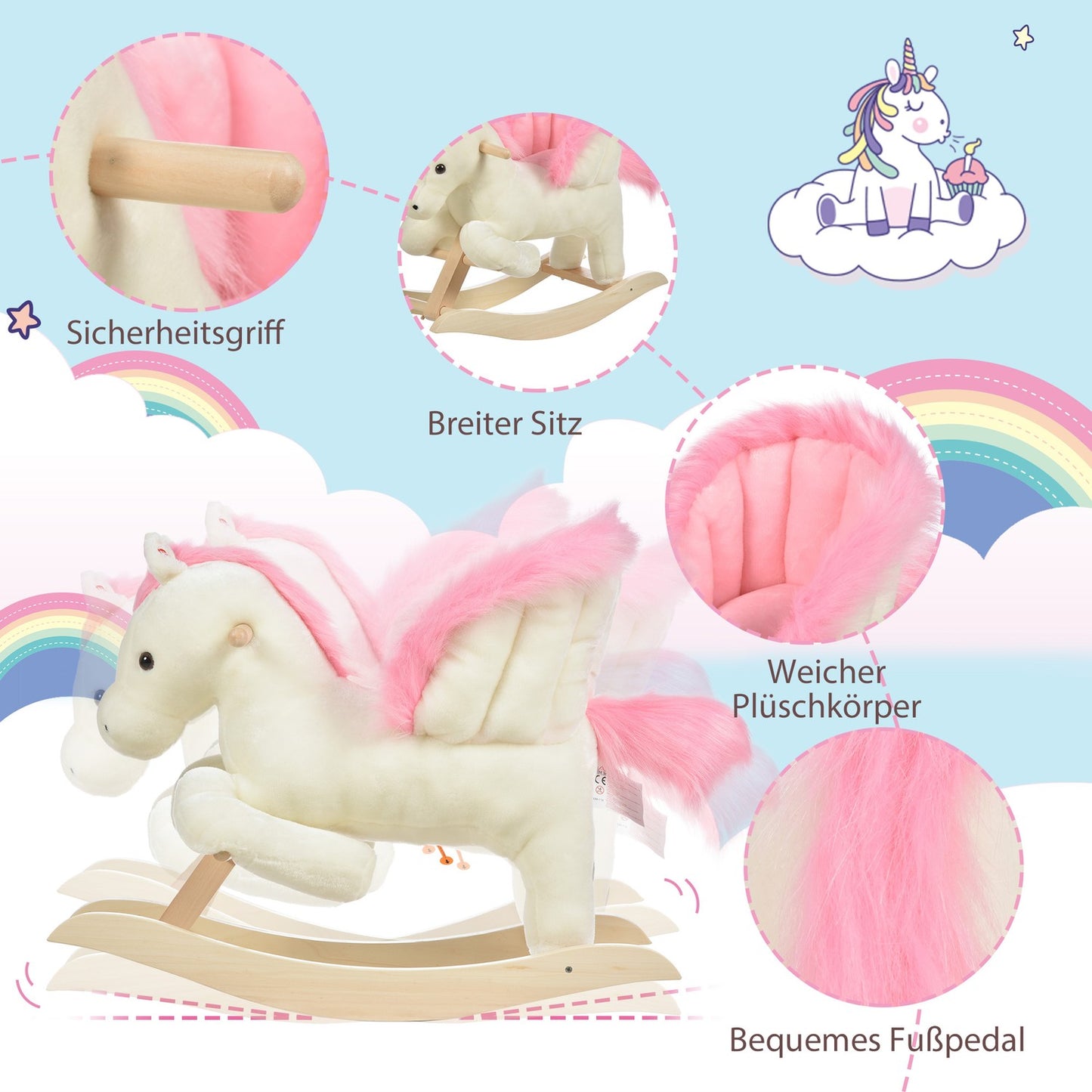 Plush rocking horse with sound and handle, 18-36 months