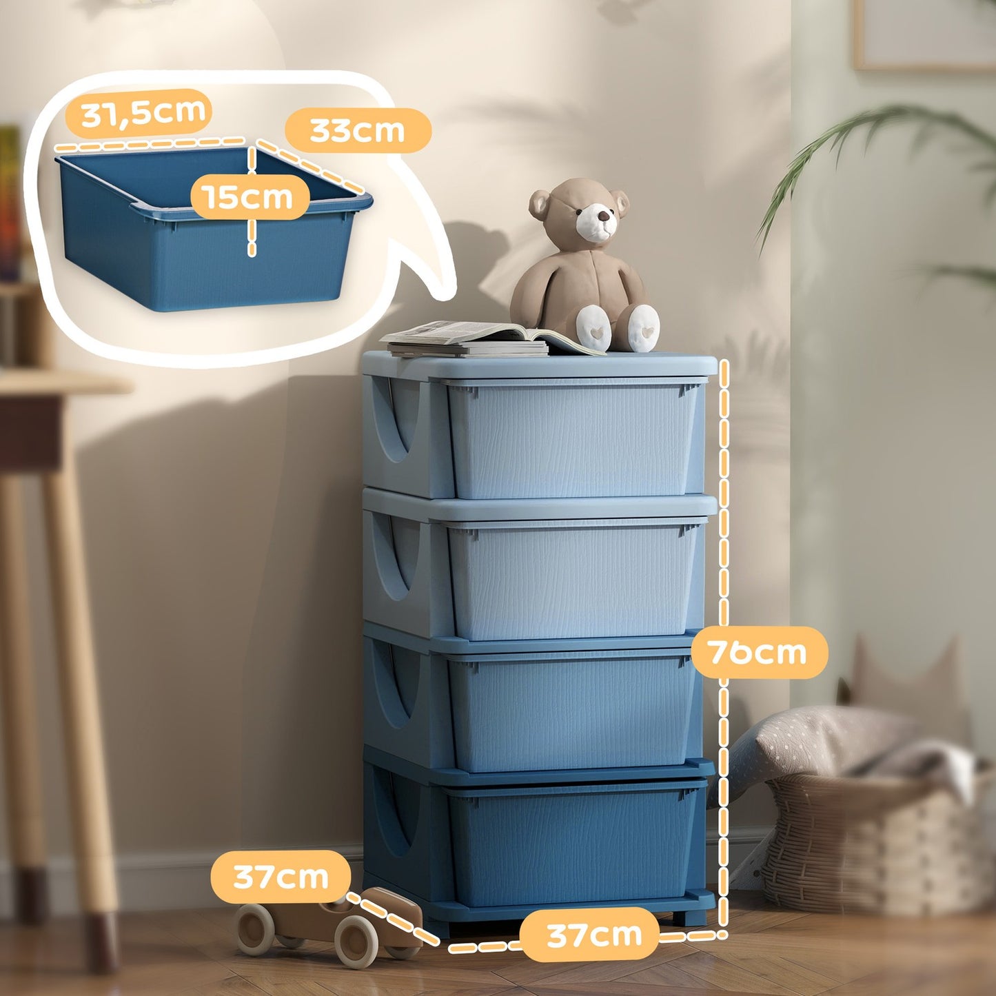 Children's blue 4-tier toy organizer chest of drawers