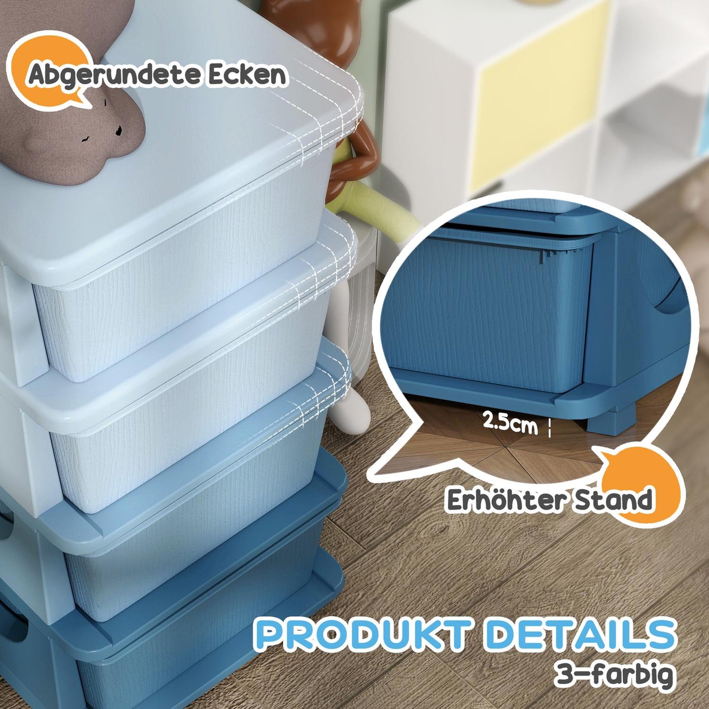 Children's blue 4-tier toy organizer chest of drawers