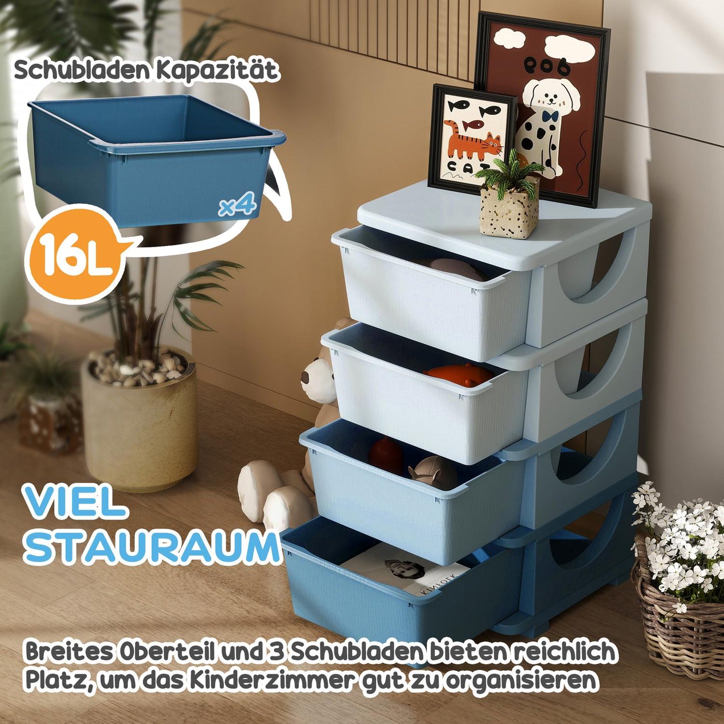 Children's blue 4-tier toy organizer chest of drawers