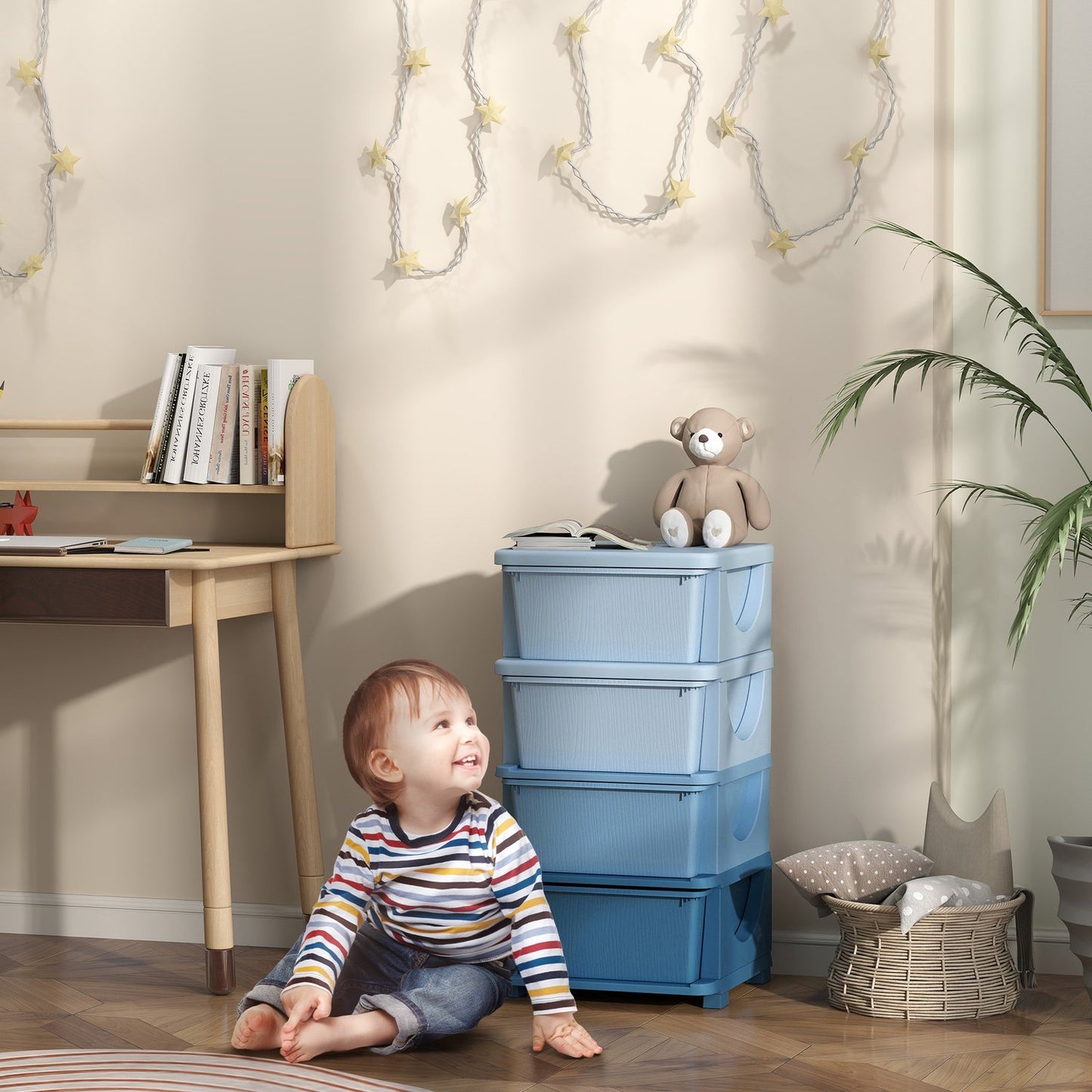Children's blue 4-tier toy organizer chest of drawers