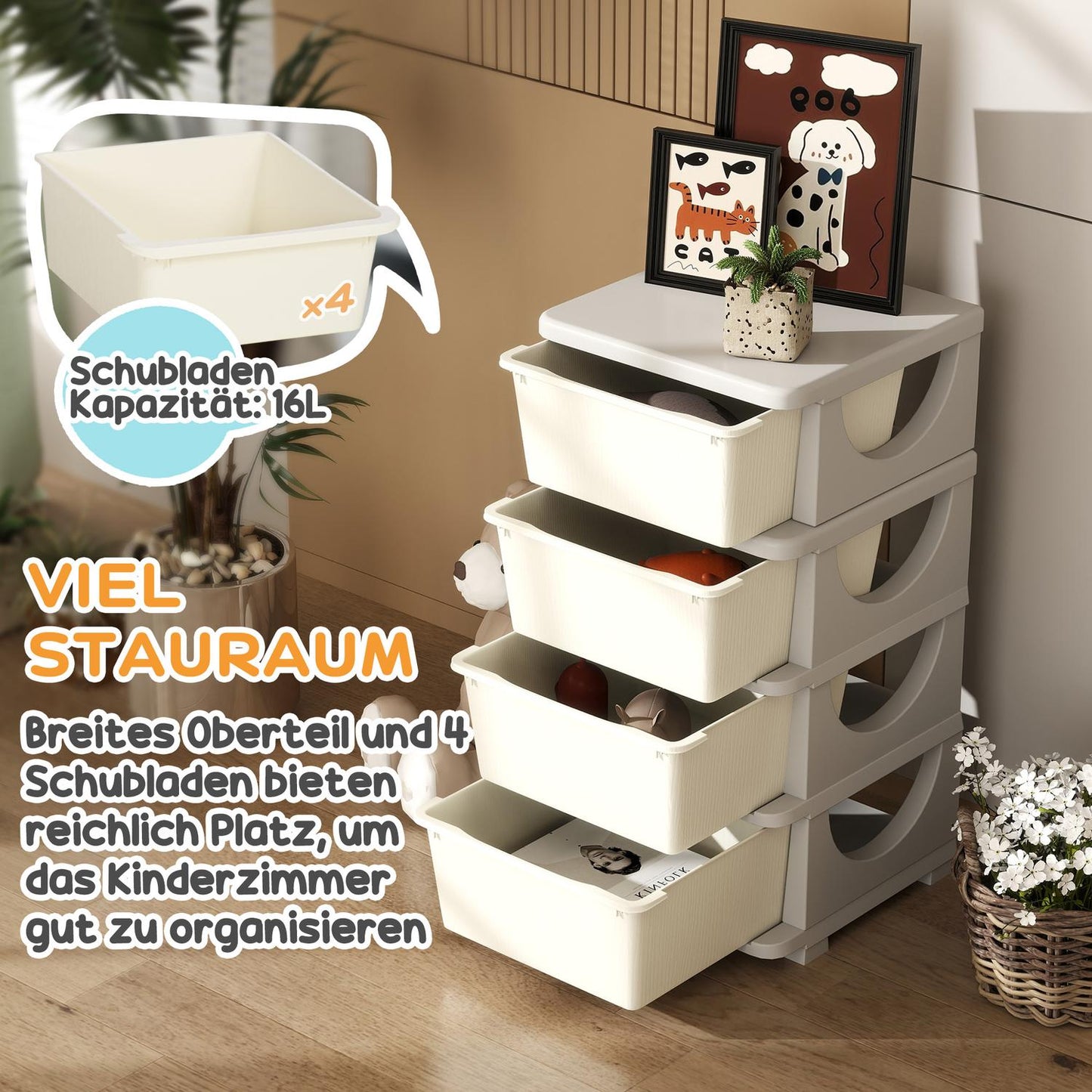 Toy storage, 4 tier cream white drawers