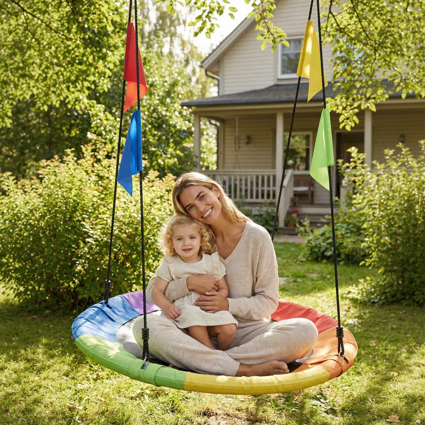 Children's Round Nest Swing with Colorful Pennants