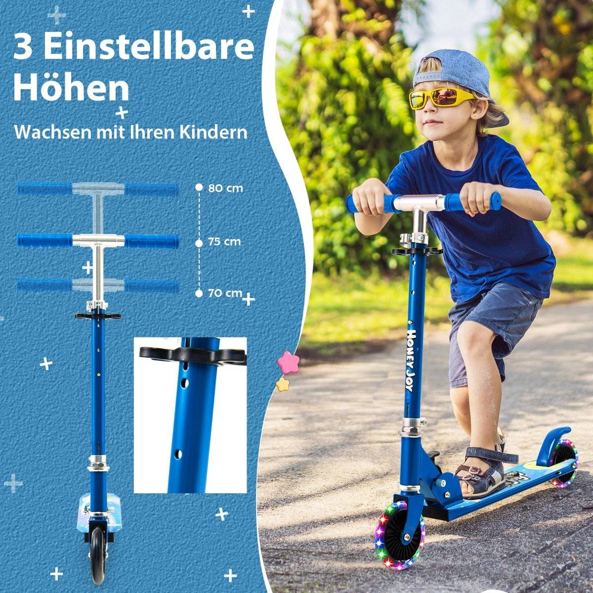 Children's Scooter 2 Wheel Kick Scooter with Flashing Wheels Stand and Cruise Toddler Toy