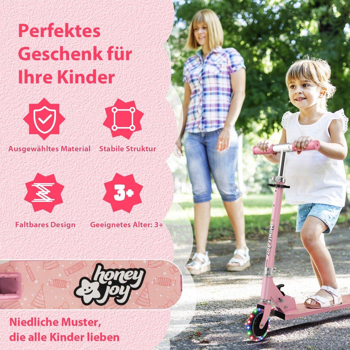 Children's Scooter 2 Wheel Kick Scooter with Flashing Wheels Stand and Cruise Toddler Toy Pink