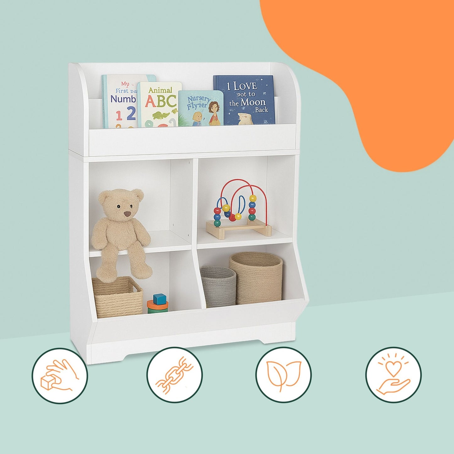 Children's Shelf with 4 Compartments and 2 Book Shelves