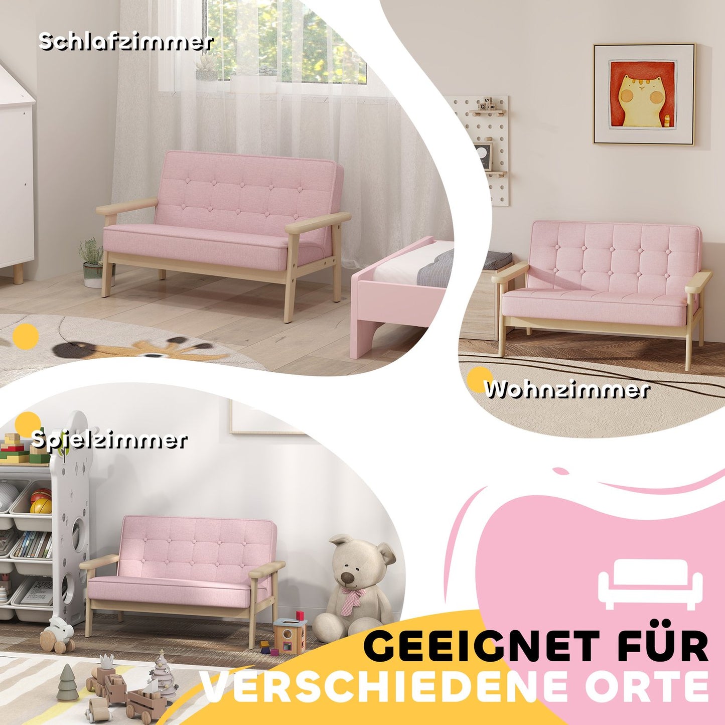 Children's Sofa, Velvet Look, Wood Frame, Ages 3-15, Pink