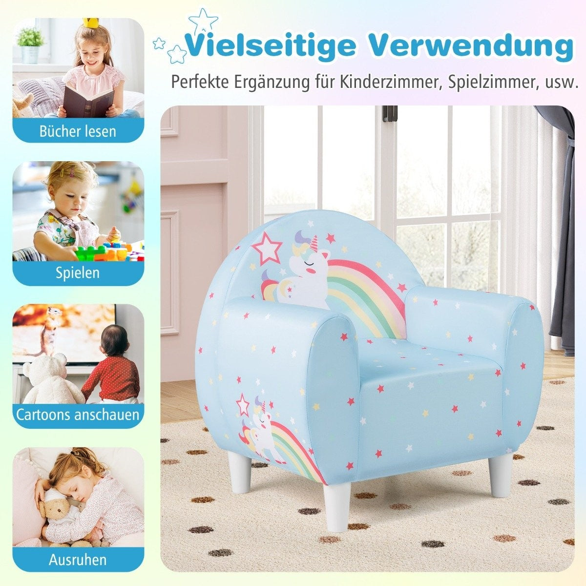 Children's Sofa with Backrest & Armrest, Unicorn Design