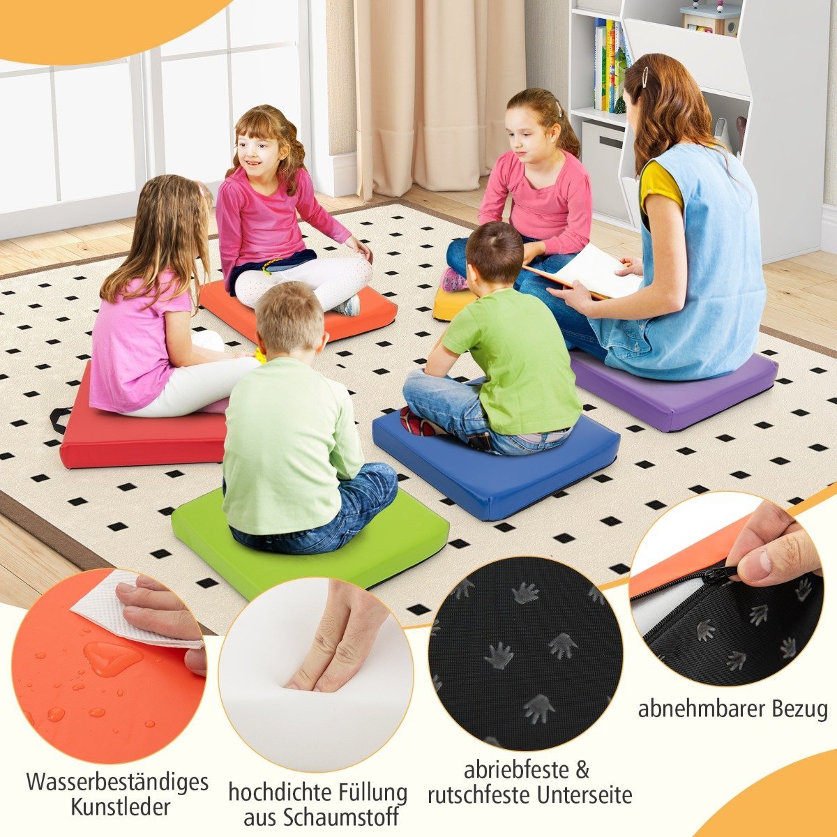 Children's Square Floor Cushions Set of 6, 40x40 cm, Portable