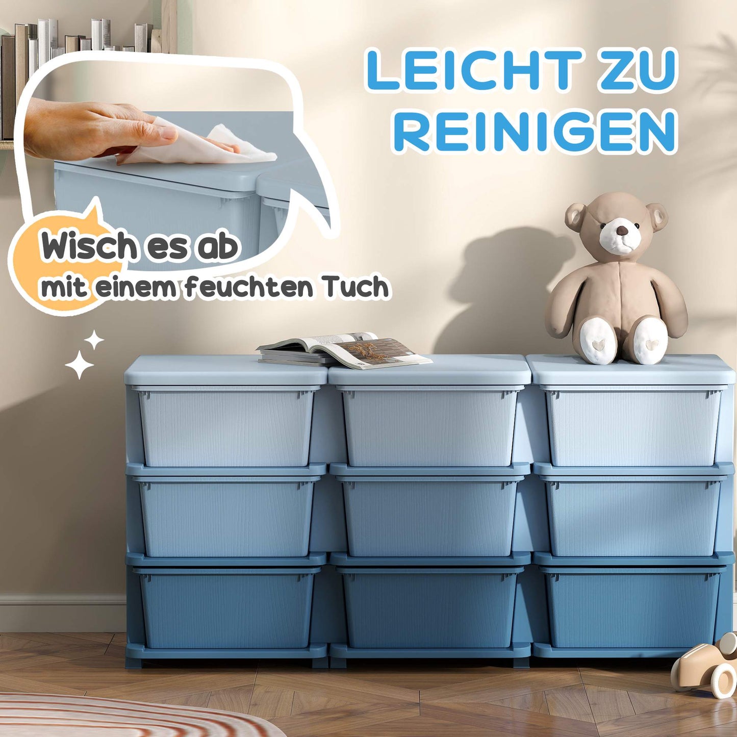 Children's Storage Box, 9 Drawers, Blue, Plastic