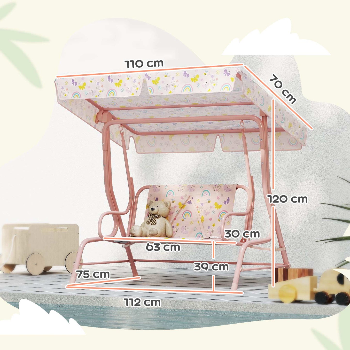 Children's Swing Chair, Steel Frame, 2-Seater, Pink