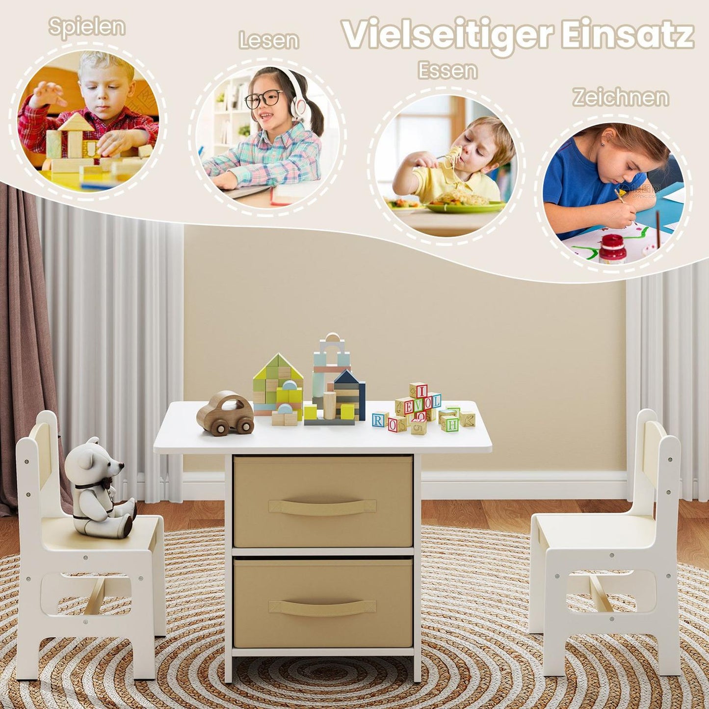 Children's Table Set with 2 Chairs, Storage Baskets, Wood