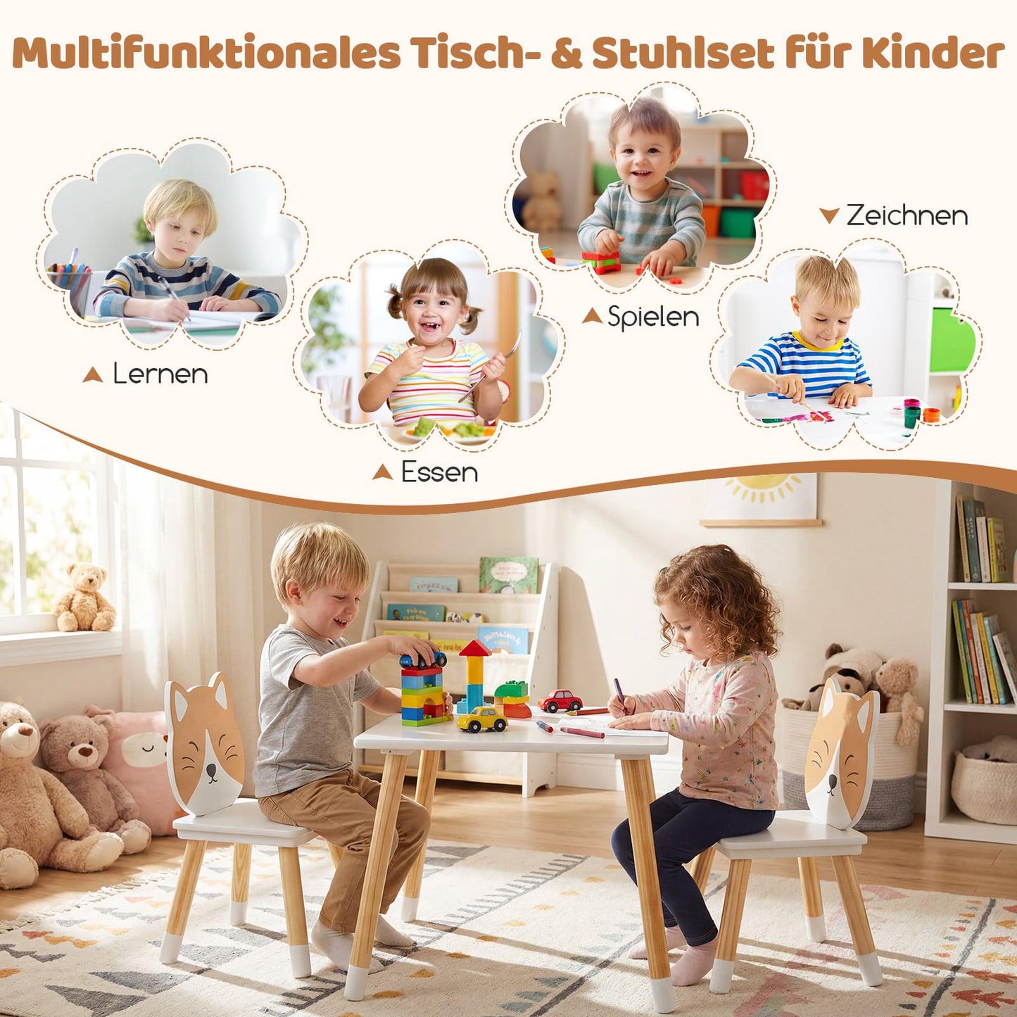 Children's Table and 2 Chairs Set, White, Pine Legs