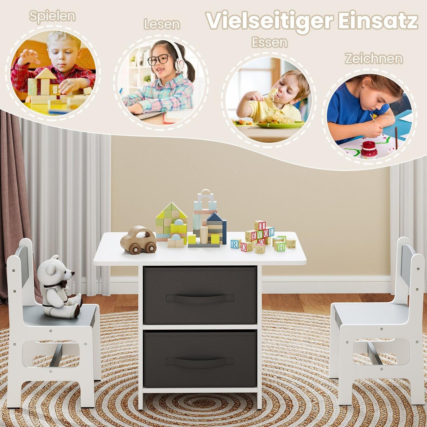 Children's Table and 2 Chairs Set with Storage Bins