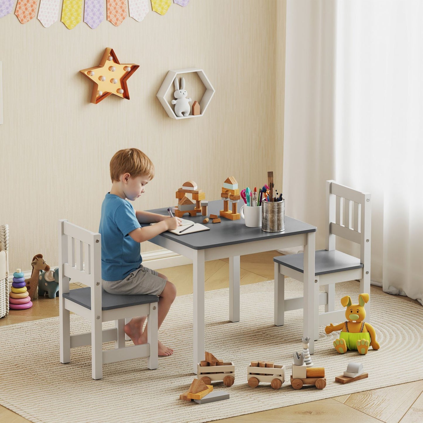 Children's Table and Chair Set, 3-Piece, Grey, Wood