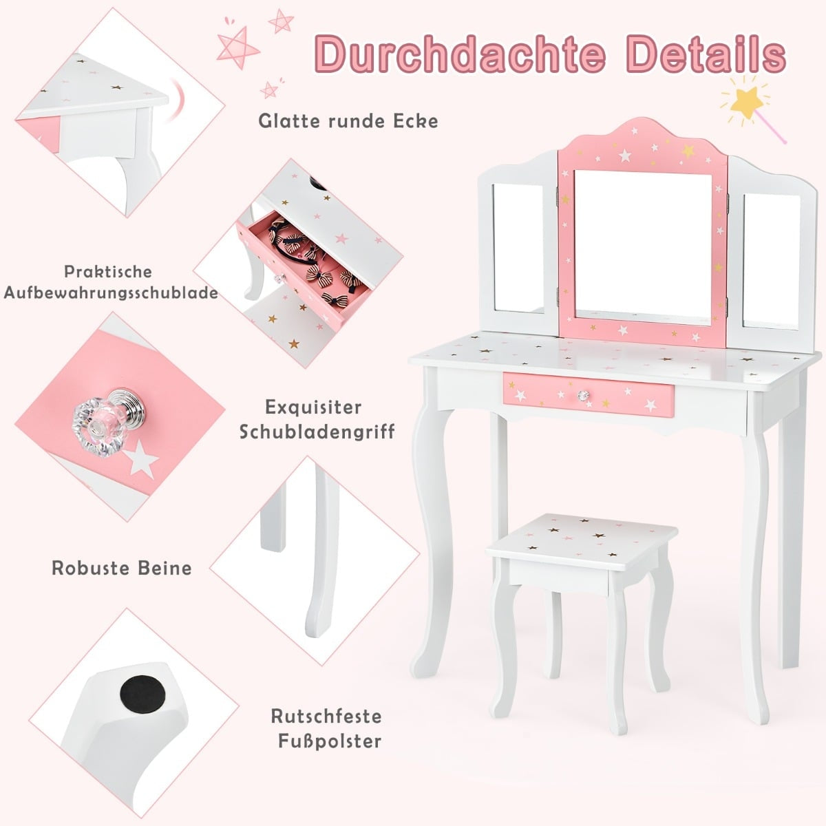 Children's Vanity Table with Mirror and Drawer – White