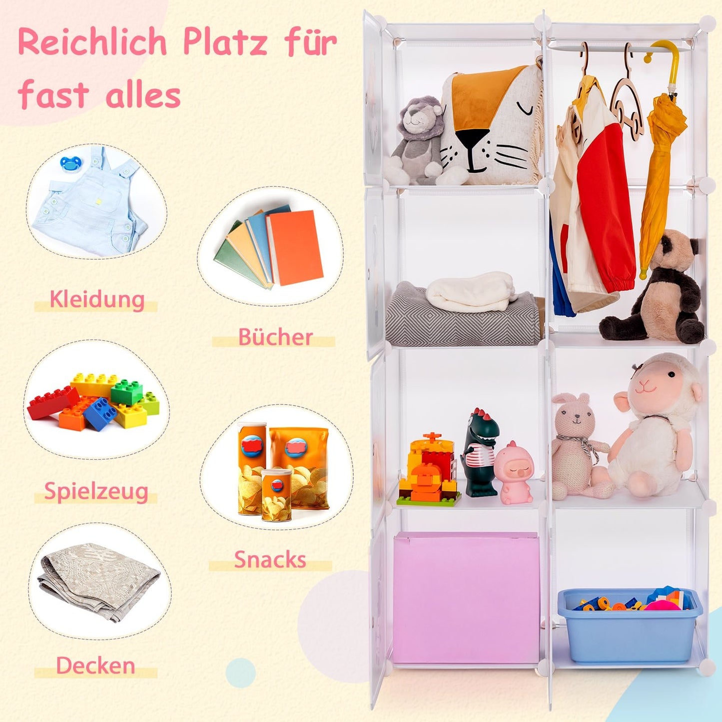 Children's Wardrobe Organizer, 8 Cubes, White, Adjustable