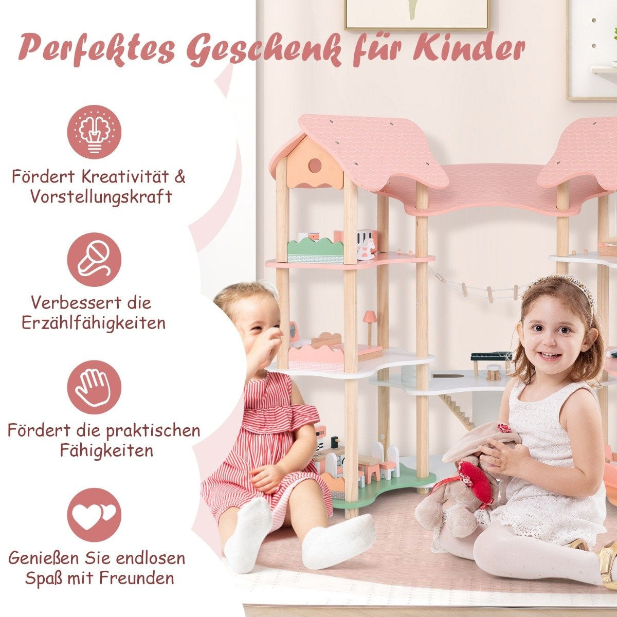 Children's Wooden Dollhouse with 32 Realistic Furniture Accessories & Roofs DIY Dream House