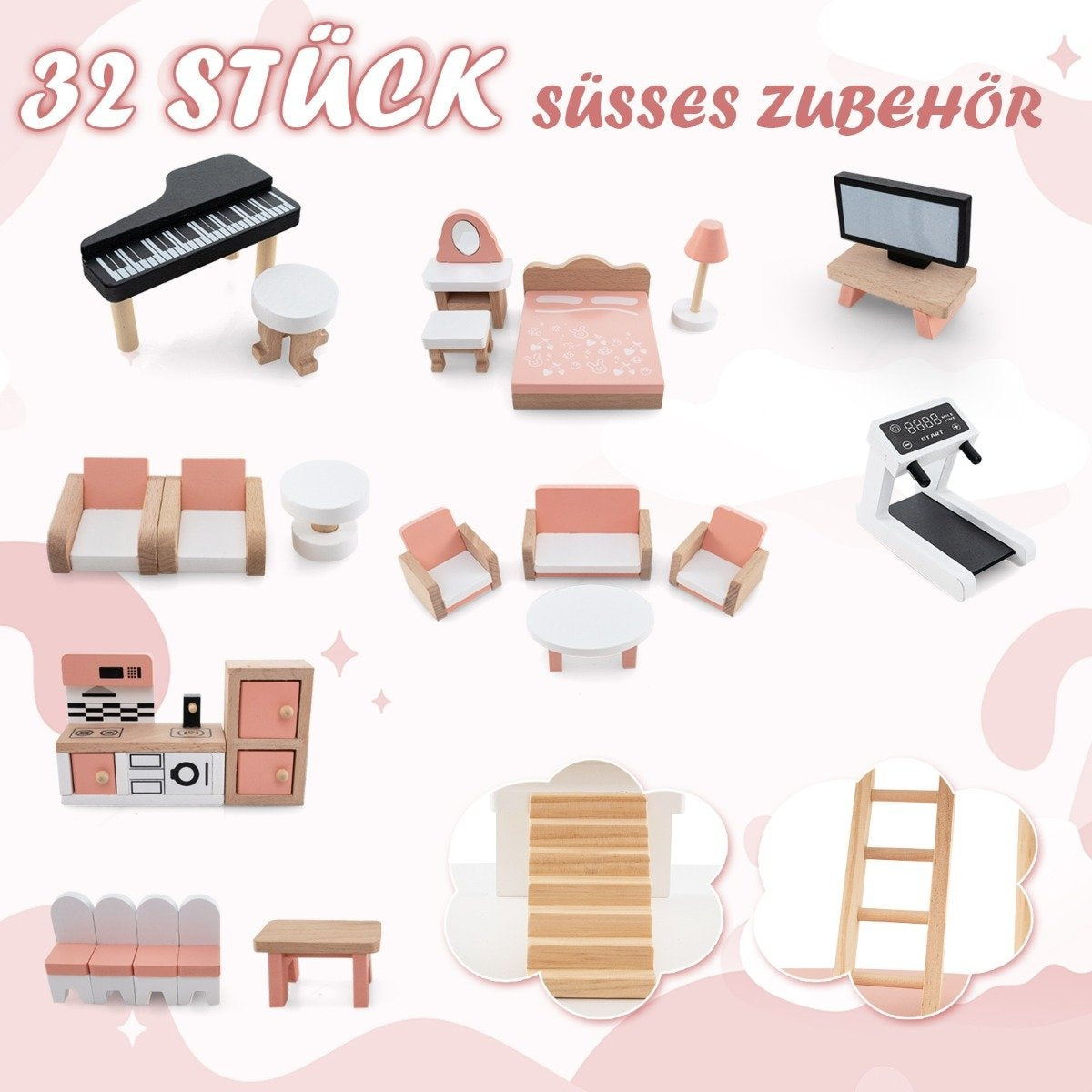 Children's Wooden Dollhouse with 32 Realistic Furniture Accessories & Roofs DIY Dream House