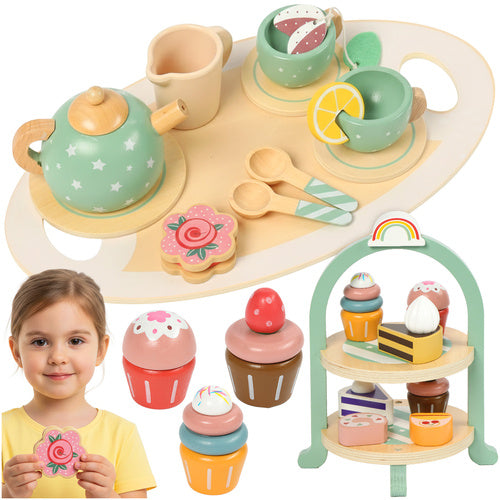 Children's Wooden Tea Set with Cake Stand, 15 Pieces