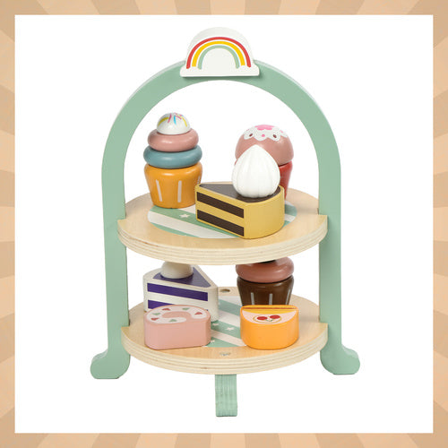 Children's Wooden Tea Set with Cake Stand, 15 Pieces