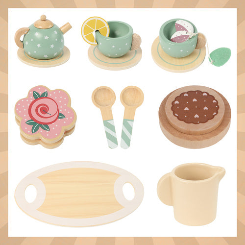 Children's Wooden Tea Set with Cake Stand, 15 Pieces