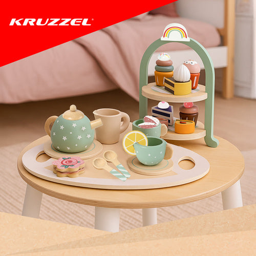 Children's Wooden Tea Set with Cake Stand, 15 Pieces