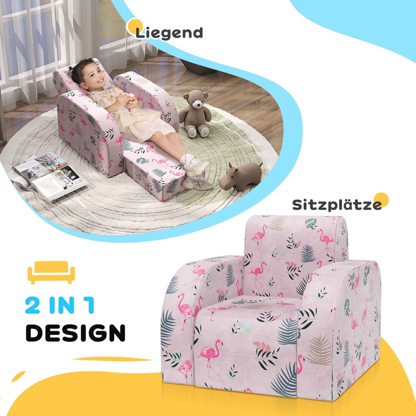 Children's sofa in Flamingo pattern, foldable and collapsible