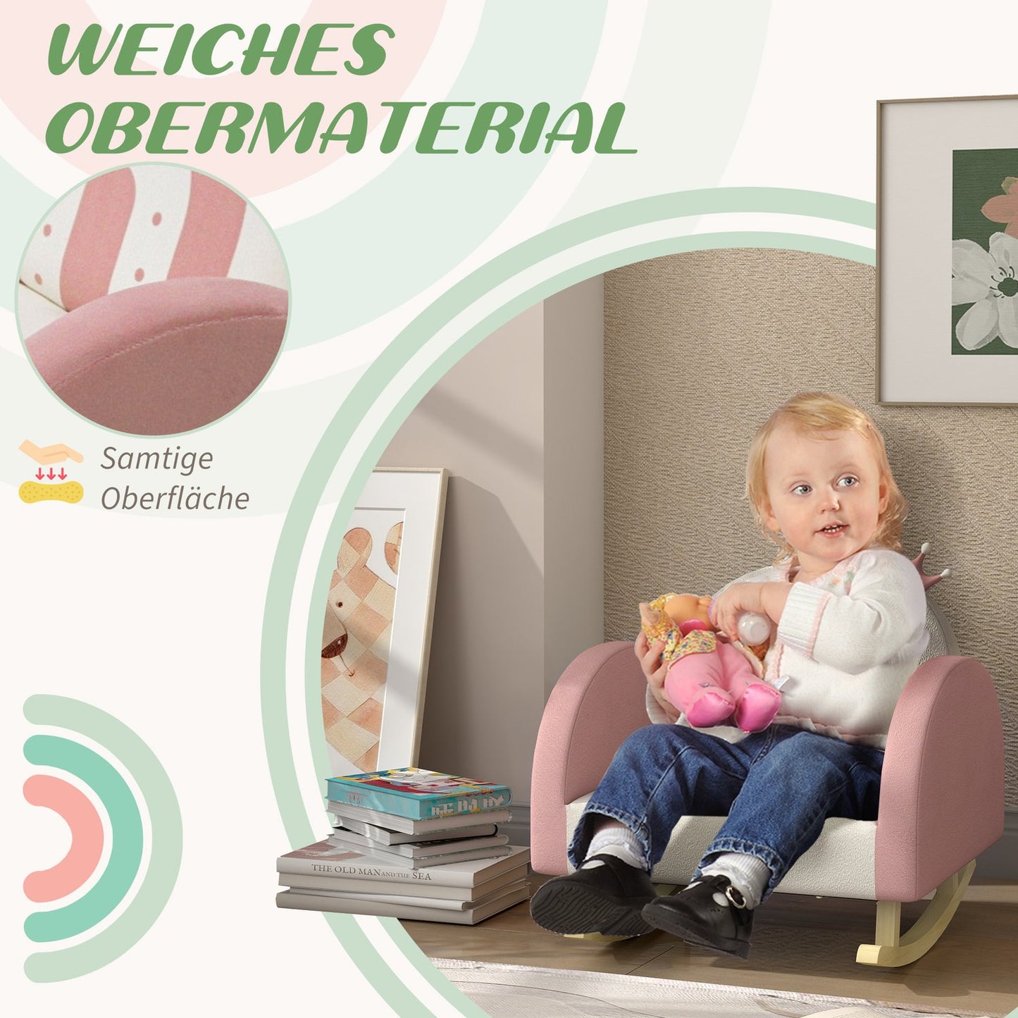 Children's rocking chair, velvet, pink, crown and rainbow decor