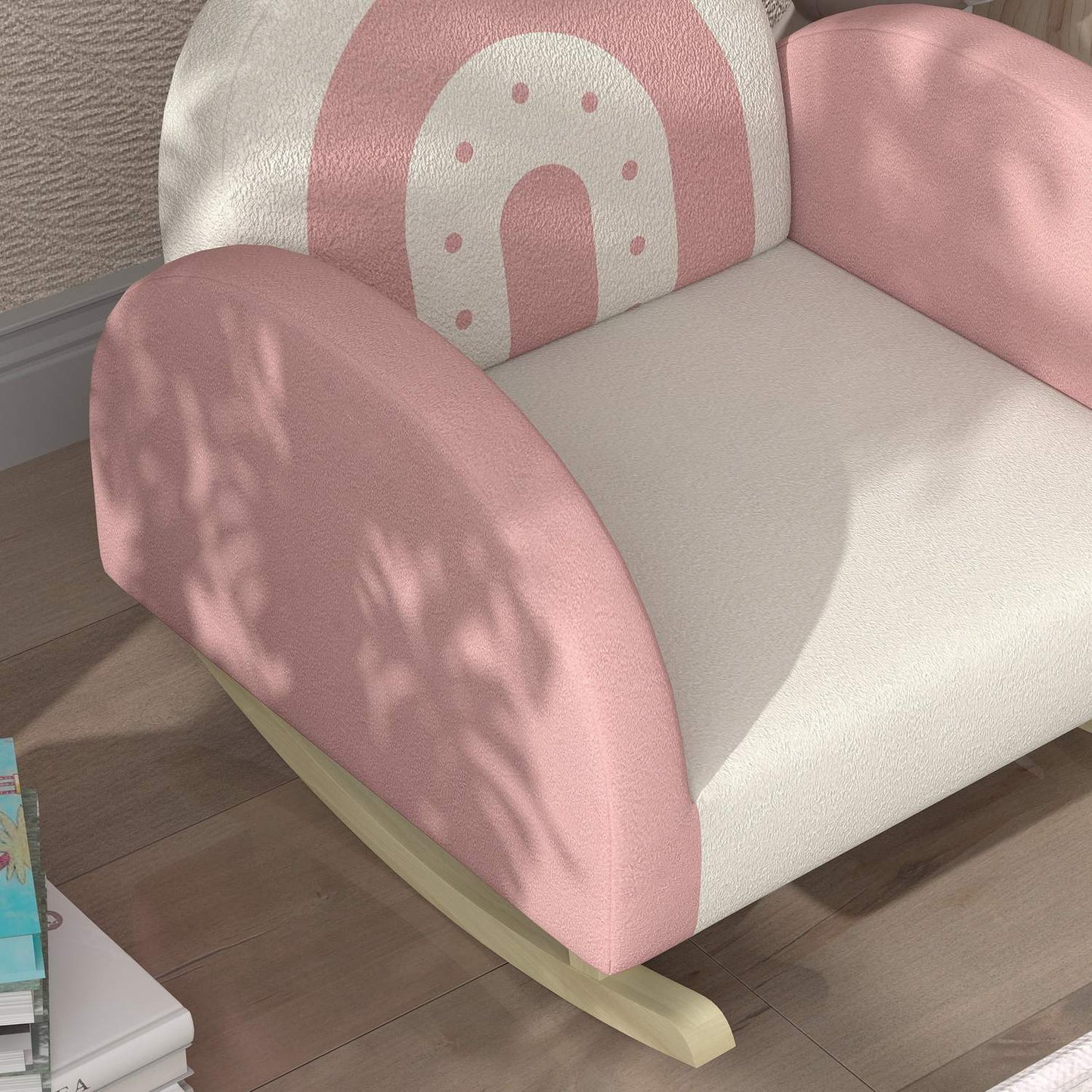 Children's rocking chair, velvet, pink, crown and rainbow decor