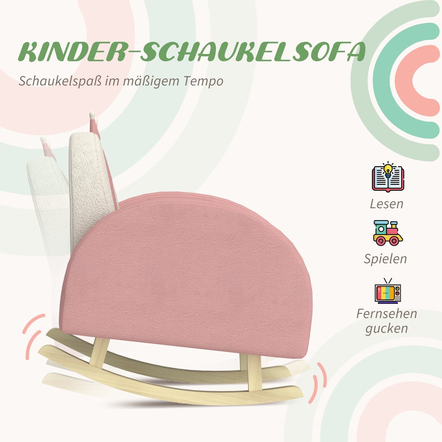 Children's rocking chair, velvet, pink, crown and rainbow decor